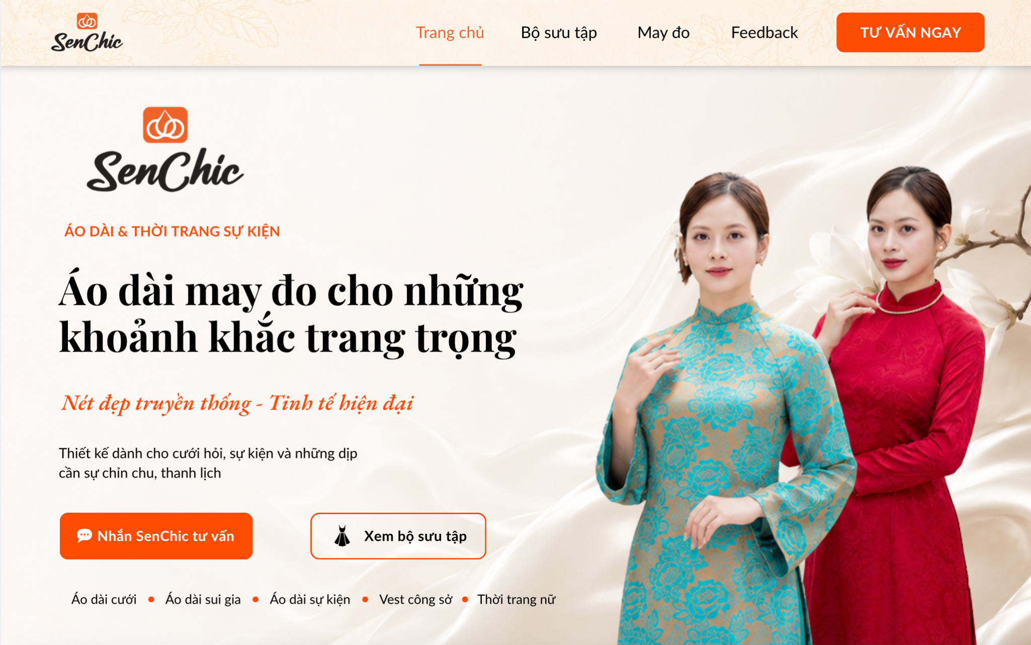 SenChic — Áo dài may đo cho những khoảnh khắc trang trọng. Nét đẹp truyền thống – Tinh tế hiện đại. Thiết kế dành cho cưới hỏi, sự kiện và những dịp cần sự chỉn chu, thanh lịch.